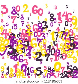 Falling colorful numbers on white background. Abstract background of color numbers for card or banner. Pattern of randomly distributed numbers from zero to nine in color.