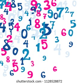 Falling colorful numbers on white background. Abstract colorful background for card or banner. Pattern of randomly distributed numbers from zero to nine in color.