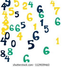 Falling colorful numbers on white background. Abstract background of color numbers for card or print. Pattern of randomly distributed numbers from zero to nine in color.