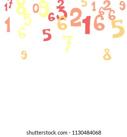 Falling colorful numbers on white background. Abstract colorful background for card or print. Pattern of randomly distributed numbers from zero to nine in color.