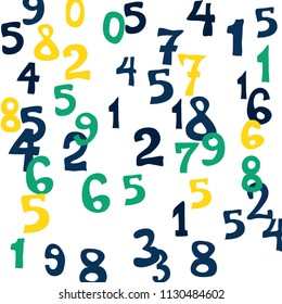 Falling colorful numbers on white background. Abstract colorful background for card or banner. Pattern of randomly distributed numbers from zero to nine in color.