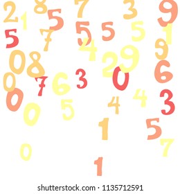 Falling colorful numbers on white background. Abstract colorful background for banner or poster. Pattern of randomly distributed numbers from zero to nine in color.