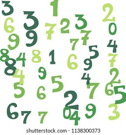 Falling colorful numbers on white background. Abstract colorful background for banner or poster. Pattern of randomly distributed numbers from zero to nine in color.