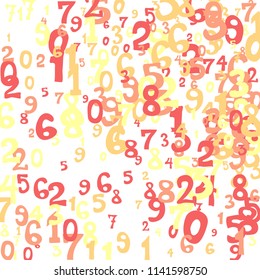 Falling colorful numbers on white background. Abstract background of color numbers for card or print. Pattern of randomly distributed numbers from zero to nine in color.