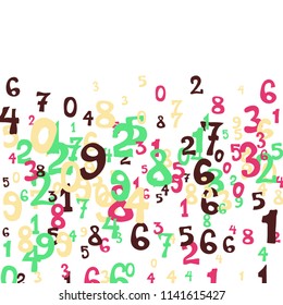 Falling colorful numbers on white background. Abstract background of color numbers for card or print. Pattern of randomly distributed numbers from zero to nine in color.