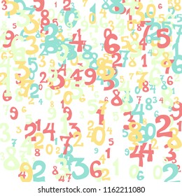 Falling colorful numbers on white background. Abstract colorful background for banner or poster. Pattern of randomly distributed numbers from zero to nine in color.