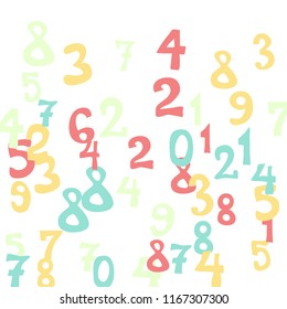 Falling colorful numbers on white background. Abstract background of color numbers for card or banner. Pattern of randomly distributed numbers from zero to nine in color.