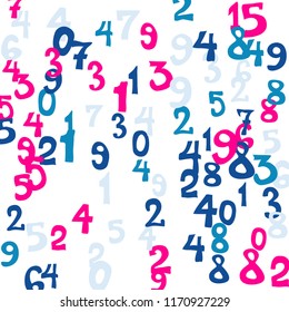 Falling colorful numbers on white background. Abstract colorful background for card or print. Pattern of randomly distributed numbers from zero to nine in color.