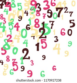 Falling colorful numbers on white background. Abstract colorful background for banner or poster. Pattern of randomly distributed numbers from zero to nine in color.