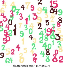 Falling colorful numbers on white background. Abstract colorful background for banner or poster. Pattern of randomly distributed numbers from zero to nine in color.
