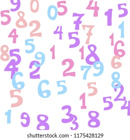 Falling colorful numbers on white background. Abstract colorful background for banner or poster. Pattern of randomly distributed numbers from zero to nine in color.