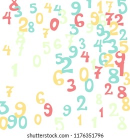 Falling colorful numbers on white background. Abstract colorful background for card or banner. Pattern of randomly distributed numbers from zero to nine in color.