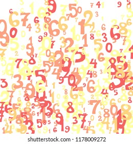 Falling colorful numbers on white background. Abstract background of color numbers for card or banner. Pattern of randomly distributed numbers from zero to nine in color.