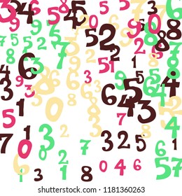 Falling colorful numbers on white background. Abstract background of color numbers for banner or poster. Pattern of randomly distributed numbers from zero to nine in color.