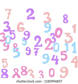 Falling colorful numbers on white background. Abstract colorful background for card or print. Pattern of randomly distributed numbers from zero to nine in color.