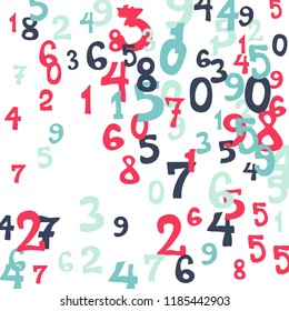 Falling colorful numbers on white background. Abstract colorful background for card or print. Pattern of randomly distributed numbers from zero to nine in color.