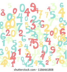 Falling colorful numbers on white background. Abstract background of color numbers for banner or poster. Pattern of randomly distributed numbers from zero to nine in color.