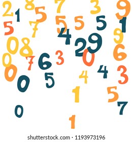 Falling colorful numbers on white background. Abstract colorful background for card or banner. Pattern of randomly distributed numbers from zero to nine in color.