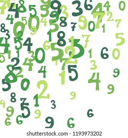Falling colorful numbers on white background. Abstract background of color numbers for card or print. Pattern of randomly distributed numbers from zero to nine in color.