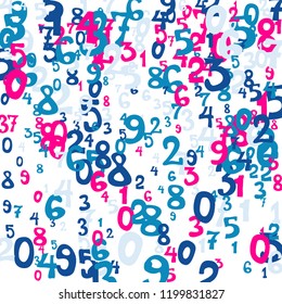 Falling colorful numbers on white background. Abstract colorful background for card or banner. Pattern of randomly distributed numbers from zero to nine in color.