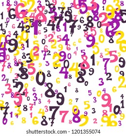 Falling colorful numbers on white background. Abstract colorful background for card or banner. Pattern of randomly distributed numbers from zero to nine in color.