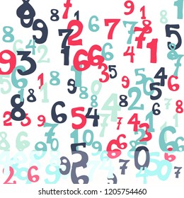 Falling colorful numbers on white background. Abstract background of color numbers for card or banner. Pattern of randomly distributed numbers from zero to nine in color.