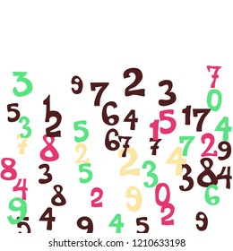 Falling colorful numbers on white background. Abstract colorful background for card or print. Pattern of randomly distributed numbers from zero to nine in color.