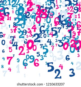 Falling colorful numbers on white background. Abstract colorful background for card or print. Pattern of randomly distributed numbers from zero to nine in color.