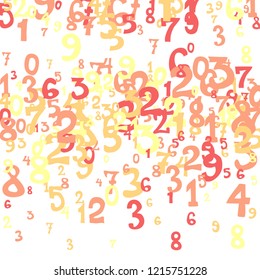 Falling colorful numbers on white background. Abstract background of color numbers for card or print. Pattern of randomly distributed numbers from zero to nine in color.