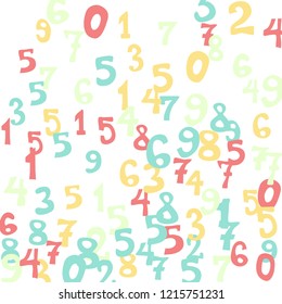 Falling colorful numbers on white background. Abstract colorful background for card or banner. Pattern of randomly distributed numbers from zero to nine in color.