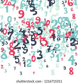 Falling colorful numbers on white background. Abstract colorful background for card or print. Pattern of randomly distributed numbers from zero to nine in color.