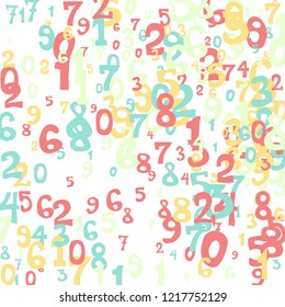 Falling colorful numbers on white background. Abstract background of color numbers for card or banner. Pattern of randomly distributed numbers from zero to nine in color.