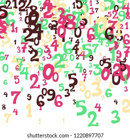 Falling colorful numbers on white background. Abstract colorful background for banner or poster. Pattern of randomly distributed numbers from zero to nine in color.