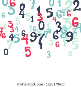 Falling colorful numbers on white background. Abstract background of color numbers for card or banner. Pattern of randomly distributed numbers from zero to nine in color.