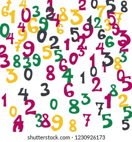 Falling colorful numbers on white background. Abstract background of color numbers for card or banner. Pattern of randomly distributed numbers from zero to nine in color.