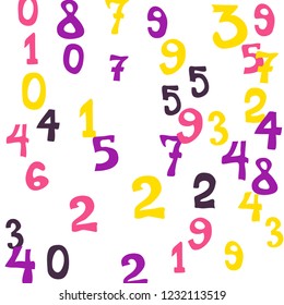 Falling colorful numbers on white background. Abstract background of color numbers for banner or poster. Pattern of randomly distributed numbers from zero to nine in color.