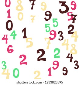 Falling colorful numbers on white background. Abstract colorful background for card or print. Pattern of randomly distributed numbers from zero to nine in color.