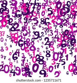 Falling colorful numbers on white background. Abstract background of color numbers for card or print. Pattern of randomly distributed numbers from zero to nine in color.