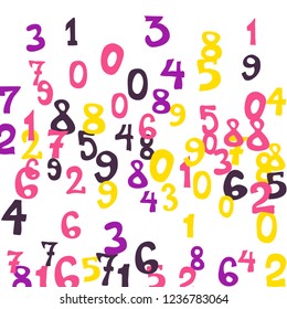 Falling colorful numbers on white background. Abstract background of color numbers for card or banner. Pattern of randomly distributed numbers from zero to nine in color.