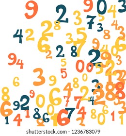 Falling colorful numbers on white background. Abstract colorful background for banner or poster. Pattern of randomly distributed numbers from zero to nine in color.