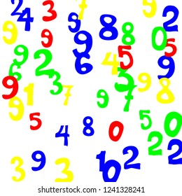 Falling colorful numbers on white background. Abstract background of color numbers for card or print. Pattern of randomly distributed numbers from zero to nine in color.