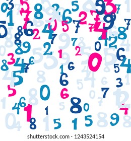 Falling colorful numbers on white background. Abstract background of color numbers for card or banner. Pattern of randomly distributed numbers from zero to nine in color.