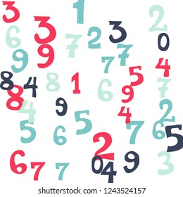 Falling colorful numbers on white background. Abstract colorful background for banner or poster. Pattern of randomly distributed numbers from zero to nine in color.