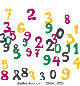 Falling colorful numbers on white background. Abstract colorful background for card or banner. Pattern of randomly distributed numbers from zero to nine in color.