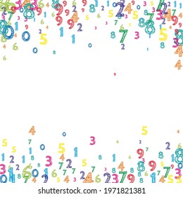 Falling colorful orderly numbers. Math study concept with flying digits. Fetching back to school mathematics banner on white background. Falling numbers vector illustration.