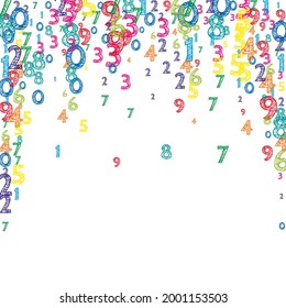 Falling colorful orderly numbers. Math study concept with flying digits. Delicate back to school mathematics banner on white background. Falling numbers vector illustration.