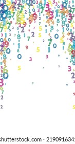 Cayendo números coloridos y ordenados. Concepto de estudio matemático con dígitos voladores. Interesante regreso a la pancarta de matemáticas escolares sobre fondo blanco. Ilustración vectorial de números en disminución.