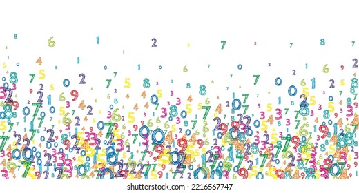 Cayendo números coloridos y ordenados. Concepto de estudio matemático con dígitos voladores. Idóneo de vuelta a la pancarta de matemáticas escolares con fondo blanco. Ilustración vectorial de números en disminución.