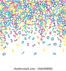 Falling colorful sketch numbers. Math study concept with flying digits. Sublime back to school mathematics banner on white background. Falling numbers vector illustration.