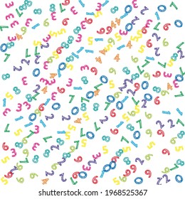 Falling colorful sketch numbers. Math study concept with flying digits. Majestic back to school mathematics banner on white background. Falling numbers vector illustration.